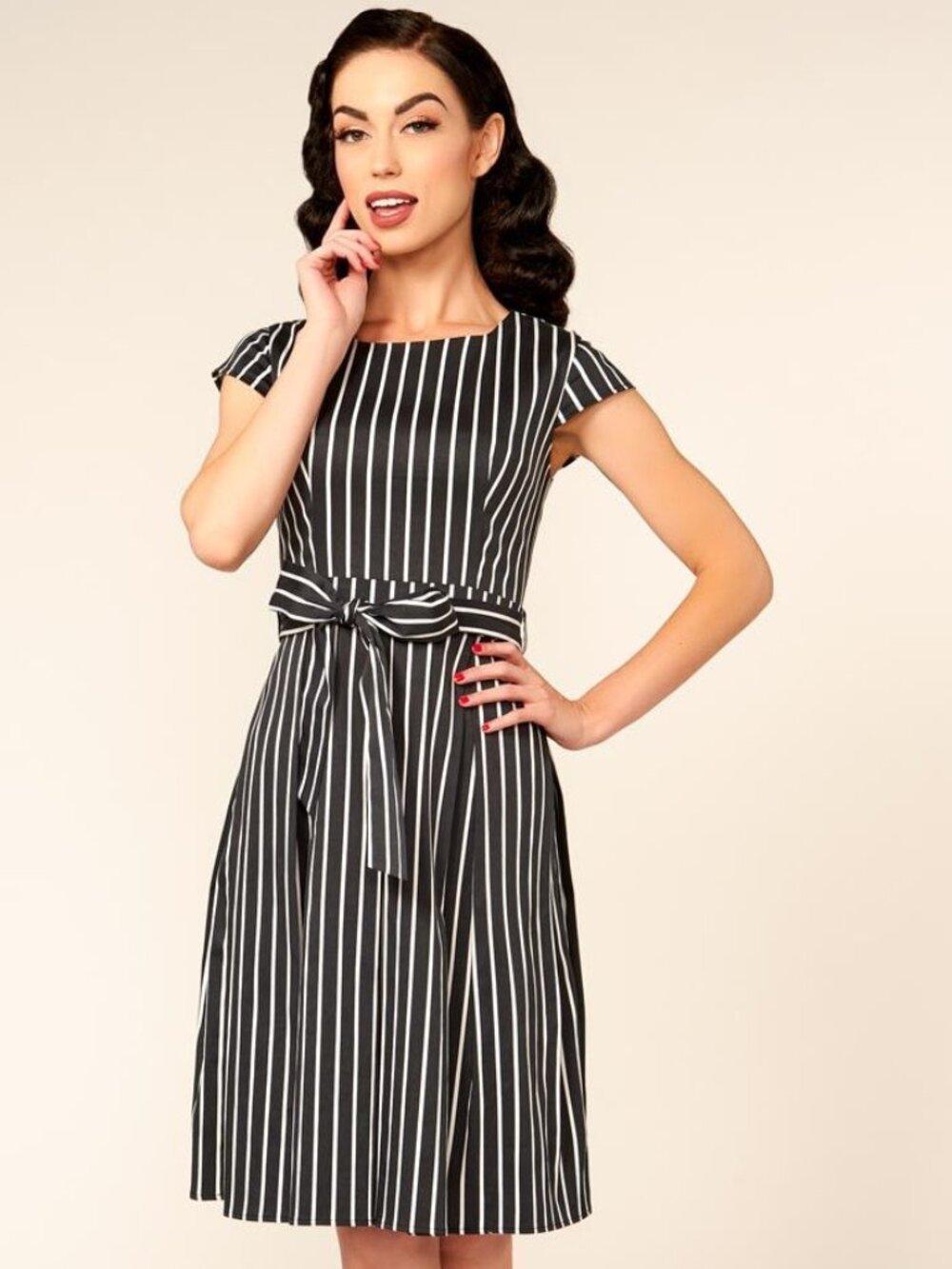 Golightly x Pinup Couture Black & White Stripe Dress w/ Matching Belt & Pockets